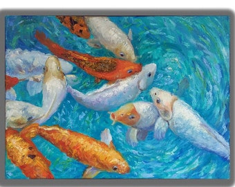 Koi fish canvas Hand Original Oil Painting fine art by SElenaV. Wall Decor. Кoi fish Carp. Goldfish. Koi Painting Carp. Free Shipping