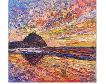 Sunset at Morro Bay Original impasto hand Oil Painting 10"х9" fine art by SElenaV. Morro Rock California landscape painting Beach, Ocean Art