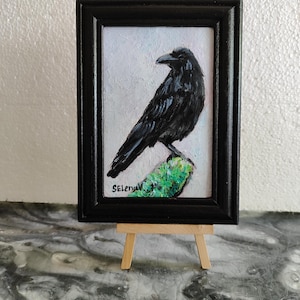 Original Oil Painting Crow Raven Wall Art Black Birds Wildlife Art Signed Framed Paintings Colorful Birds Painting
