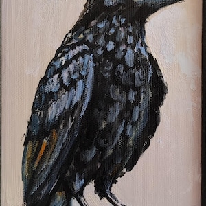 Original Oil Painting Crow Raven Wall Art Black Birds Wildlife Art Signed Framed Paintings Colorful Birds Painting