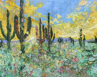 Arizona painting Saguaro Cactus Impasto Desert Artwork National Park Wall Art Desert Hand Original Oil Painting 8х11" fine art by SElenaV