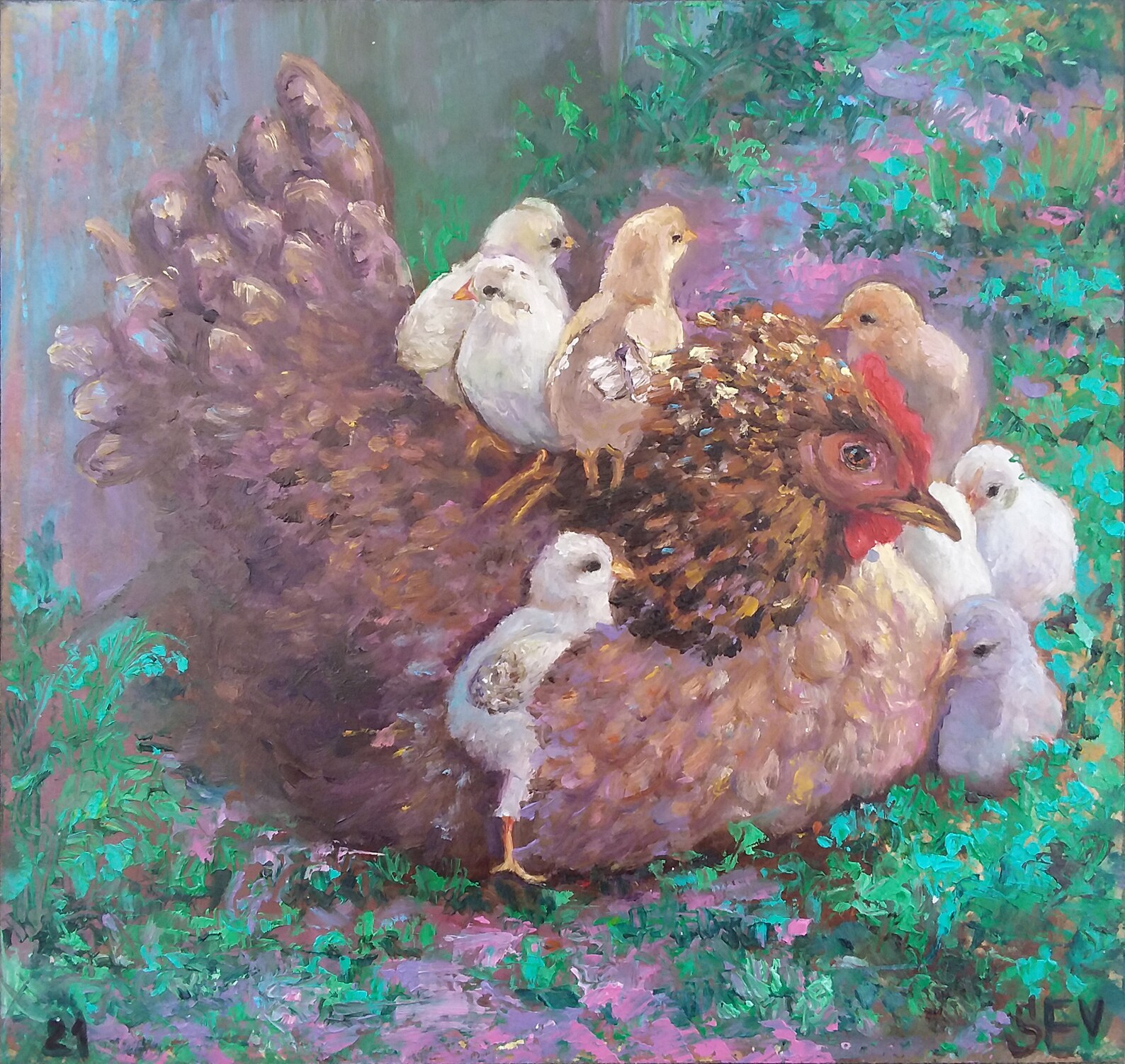 Hen and chickens Original Oil Painting 9.8х9.2 fine art by Etsy