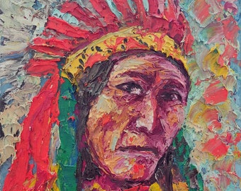 Indian MAN Painting Chief Original Art Man Art Portrait Painting huile Portrait Art Impastto Original Oil Painting 10х14 » fine art by SElenaV