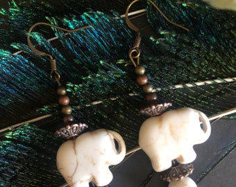 Forget Me Not Bohemian Howlite Elephant Dangle Ladies Earrings