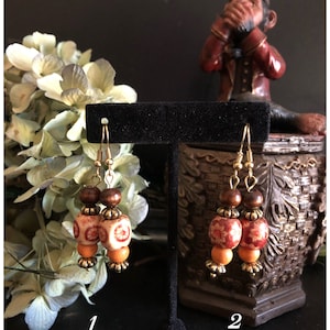 Orange & Brown African Wood Bead Dangle Earrings