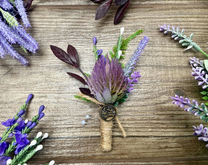 Featured listing image: Artificial/Faux Purple Thistle Teasel Cone Buttonhole (Bronze Round Stag Charm). Comes With Presentation Box.