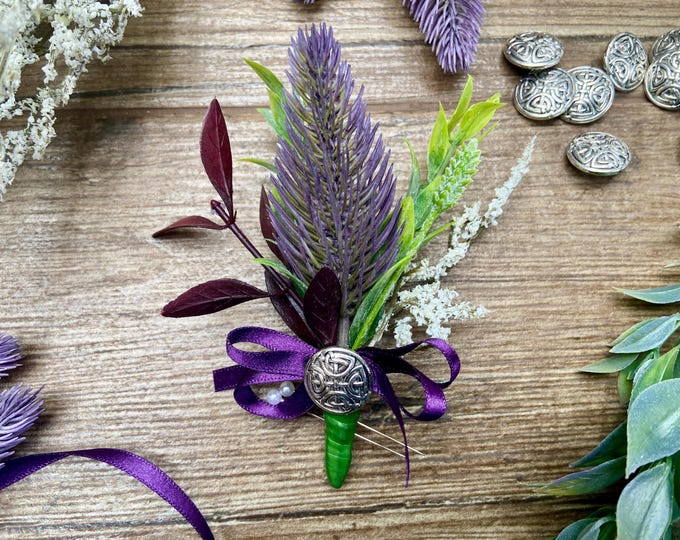 Featured listing image: Artificial/Faux Purple Thistle Wedding Buttonhole, (Round Celtic Charm), Blackberry Bow. Comes With Presentation Box.