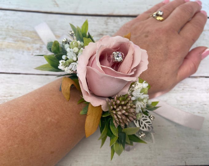 Featured listing image: Ladies Floral Artificial Faux Dusty Pale Pink Open Rose Wrist Corsage made on a Pale Silver Satin Ribbon, (Design 2). With Presentation Box.