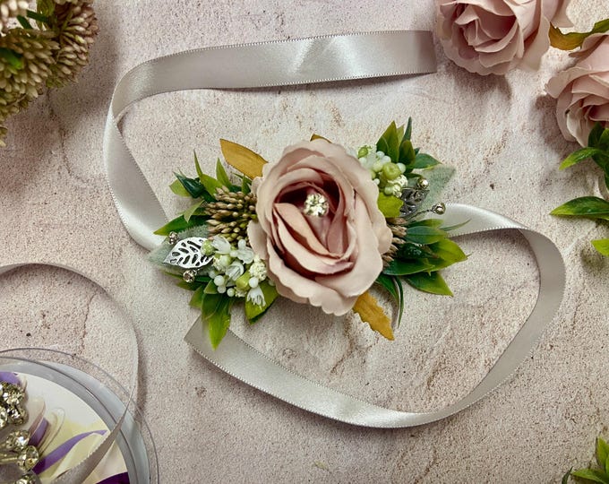 Featured listing image: Ladies Floral Artificial Faux Dusty Pale Pink Open Rose Wrist Corsage made on a Pale Silver Satin Ribbon, (Design 2). With Presentation Box.