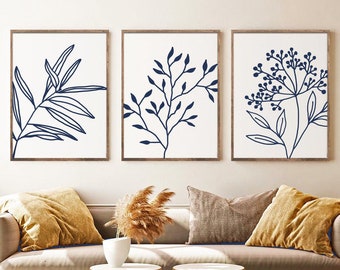 Minimal Line Botanical Print Set of 3, Gallery Wall art, Navy Line Leaves Printable Art, Wild Flowers Art Floral Art, Modern Home Decor Art