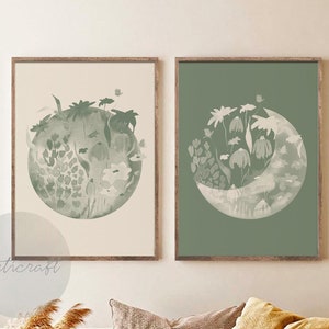 Green Sun and Moon Art Set of 2 Prints, Modern Boho Sage Sun and Moon Boho Print Set, Flower moon Abstract Art, Watercolor Wall decor Art