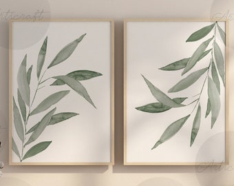 Watercolor Botanical Print Set of 2, White and Sage Green Bamboo Leaf Abstract Modern Wall Decor Gallery art, Farmhouse Printable Art