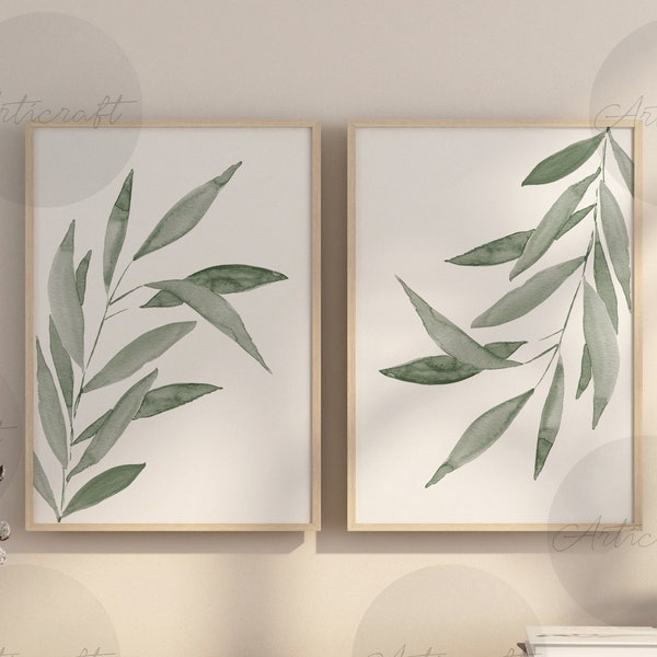 Watercolor Botanical Print Set of 2, White and Sage Green Bamboo Leaf Abstract Modern Wall Decor Gallery art, Farmhouse Printable Art