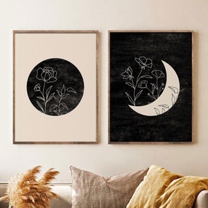 Sun and Moon Art Set of 2 Prints, Mid Century Sun and Moon Boho Print Set, Flower moon Abstract Art, Stars, Wall Art decor, Black Beige Art