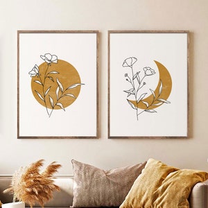 Sun and Moon Print Set of 2, Mid Century Sun and Moon Boho Print Set, Mustard Yellow Flower moon Art, Wall Decor, Nursery wall art print