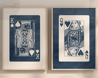 King and Queen Playing Cards Wall Art Set of 2 Prints, Digital Preppy Art, Navy Blue Queen Printable Art, Mid Century Trendy Retro Posters