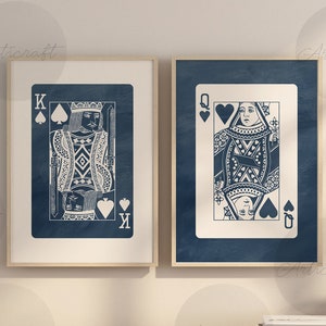 King and Queen Playing Cards Wall Art Set of 2 Prints, Digital Preppy Art, Navy Blue Queen Printable Art, Mid Century Trendy Retro Posters