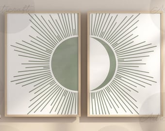 Sage Green and White Sun and Moon Art Set of 2 Prints, Mid Century Sun and Moon Boho Print Set, Geometric Abstract Art, Boho Wall Art