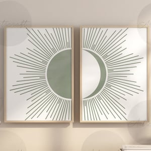 Sage Green and White Sun and Moon Art Set of 2 Prints, Mid Century Sun and Moon Boho Print Set, Geometric Abstract Art, Boho Wall Art