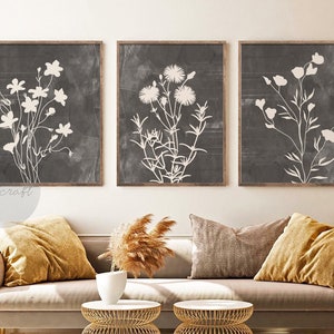 Abstracte botanische kunst set van 3 prints, Boho grijs beige galerij kunst aan de muur, boerderij muur decor, wilde bloemen kunst aan de muur, minimale afdrukbare kunst