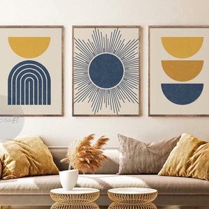 Mid century Modern Art Set of 3 Prints, Mustard Yellow Navy Blue Printable Geometric Art, Boho Art, Abstract Art Set, Rainbow, Shapes Art