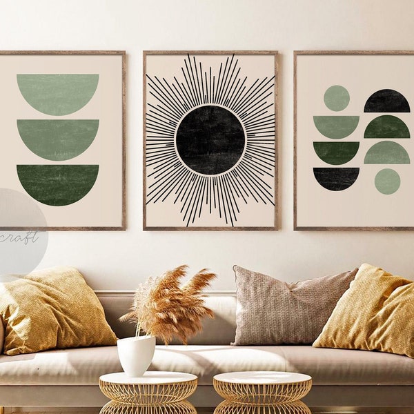 Mid Century Modern Geometric Sun Print Set of 3 Prints, Digital Abstract Sun Print, Geometric Line Wall Art Set, Sage Green black Beige art
