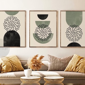 Green Mid Century Modern Geometric Print Set of 3, Boho Green and Black Digital Abstract Wall decor, Boho Wall Art Set, Gallery art