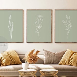 Minimal Line Botanical Print Set of 3, Gallery Wall art, Line Flowers Printable Art, Sage Green Wild Flowers Floral Line Art, Modern Home