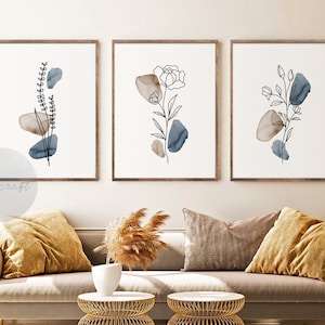 Boho Botanical Print Set of 3, Navy Blue & Brown Gallery Wall art, Wildflowers Printable Art, Abstract Line Watercolor Floral Home Decor Art