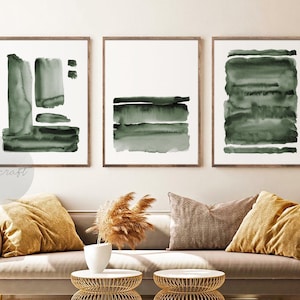 Grüne abstrakte Aquarell Kunst 3er-Set Drucke, digitale dunkelgrüne Wandkunst Poster Set, moderne Wanddekoration, Boho Minimal Wohnzimmer Kunst