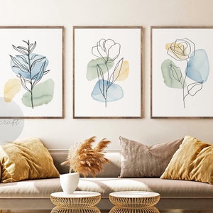 Minimal Line Botanical Print Set of 3, Gallery Wall art, Pastel Floral Printable Art, Sage Green and Yellow Living room Home Decor, boho art