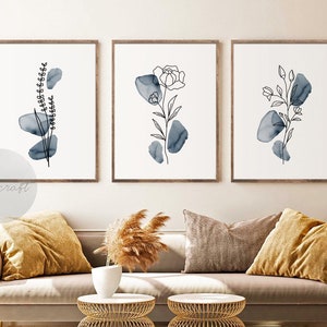 Mid Century Modern Art Set of 3 Prints, Mustard Yellow Navy