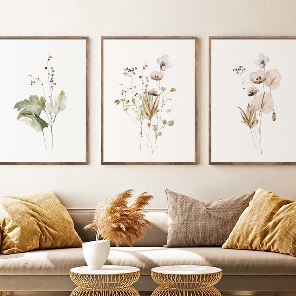 Watercolor Botanical Print Set of 3, Gallery Wall art, Floral Printable Art, Wild Flowers Art Floral Line Art, Modern Home Decor Art