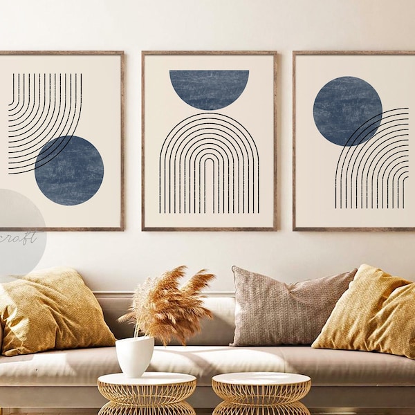 Navy Blue Mid century Modern Geometric Art Set of 3 Prints, Boho Wall decor, Printable Abstract Art, Line Rainbow Prints, Black Lines Print