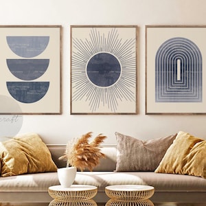 Blue Mid Century Modern Geometric Sun Print Set of 3 Prints, Digital Abstract Sun Print, Geometric Line Wall Art Set, Navy Blue art