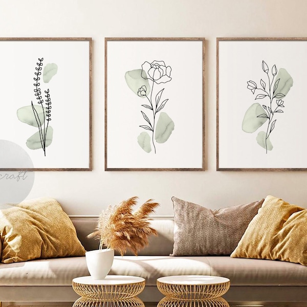 Boho Botanischer Druck 3er-Set, Grüne Galerie-Wandkunst, Salbei Wilde Blumen druckbare Kunst, abstrakte Linie Aquarell Blumen Wohnheim Dekor Kunst