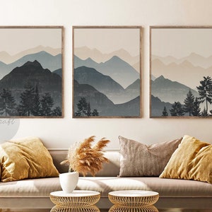 Ensemble de 3 impression montagne abstraite, montagne bleue minimale, paysage abstrait, décoration murale de salon moderne du milieu du siècle, art mural montagne image 1