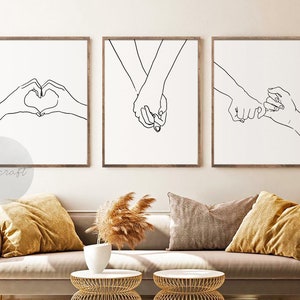 Line Hands Print Set of 3, I love you hand sign, Romantic Couple one line drawing,  Holding hands Wall Art, Pinky Promise Black White Art