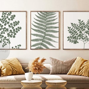 Green Fern Set of 3, Botanical Gallery Wall art, Boho Pastel Farmhouse Printable Art, Minimal Leaves Botanical Art, Modern Home Decor