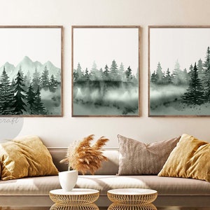 Mountain Print Set of 3, Watercolor Green Mountain, Abstract Landscape, Nature Print Set, Modern Minimal Wall Decor, Pine Forest wall Art