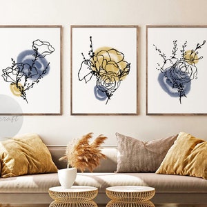 Yellow and Navy Blue Botanical Print Set of 3, Abstract Gallery Wall art, Line Floral Printable Art, Wild Flowers Boho Home Decor art