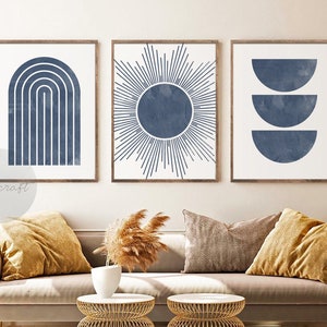 Blue Mid Century Modern Print Set of 3 Prints, Geometric Art, Digital Abstract Sun Print, Geometric Shapes Wall Art Set, Navy Blue art