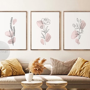 Boho Botanical Print Set of 3, Gallery Wall art, Blush Pink Wild Flowers Printable Art, Abstract Black Line Watercolor Floral Home Decor art