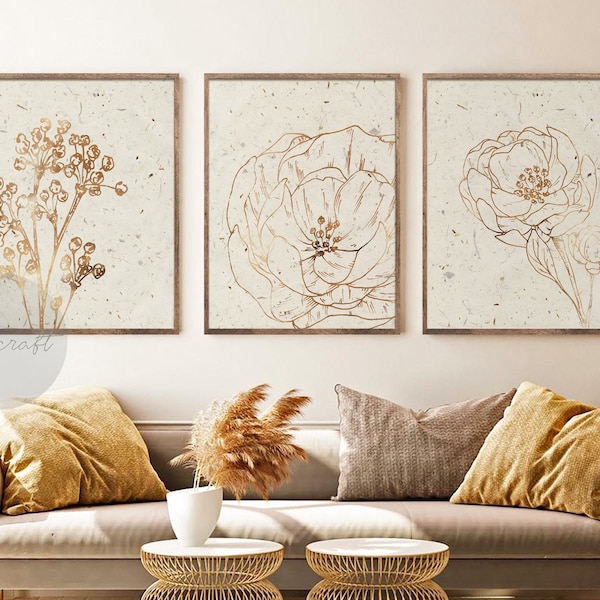 Juego de 3 impresiones botánicas neutras, arte mural de galería con líneas doradas, arte imprimible de flores, arte de flores silvestres, arte floral lineal, arte moderno para la decoración del hogar.