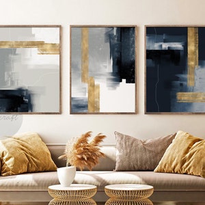 Navy Blue, Gray and Gold Abstract Art, Modern 3 Piece Art, Painting, Gallery Wall Art Set, Brush Strokes Minimalist Digital Wall decor art