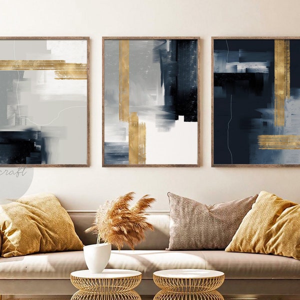 Navy Blue, Gray and Gold Abstract Art, Modern 3 Piece Art, Painting, Gallery Wall Art Set, Brush Strokes Minimalist Digital Wall decor art