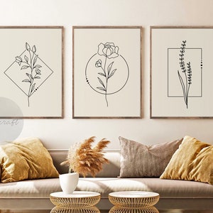 Boho Line Botanical Print Set of 3, Gallery Wall art, Minimal Wild Flowers Printable Art, Black Beige Floral Line Art, Modern Home Decor Art