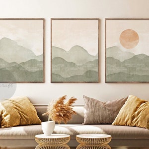 Boho Green Mountain Print Set of 3, Mid Century Modern Sage and Orange Art, Minimal Pastel Abstract Landscape, Nature Boho Gallery Wall Art