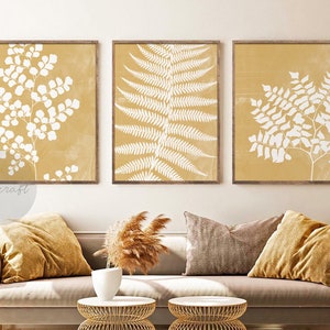 Yellow Fern Set of 3, Botanical Gallery Wall art, Boho Mustard Yellow Farmhouse Printable Art, Minimal Leaves Art, Modern Home Decor