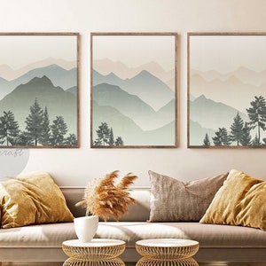 Abstract Mountain Print Set of 3, Minimal Green Mountain, Abstract Landscape, Mid Century Modern Sage Wall Decor, Mountain wall Art